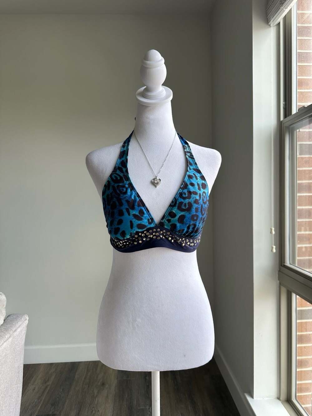 Athena Luxury Blue Leopard Bikini Top Small Studded Animal Print Halter